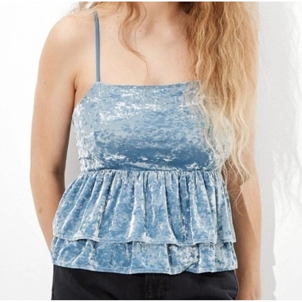 American‎ Eagle Blue Crushed Velvet Peplum Cami Top Size XXL Boho Indie Babydoll